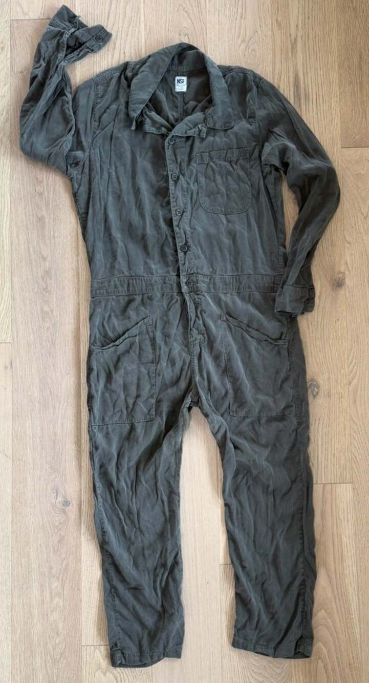 NSF Women’s Green long sleeve Jumpsuit Large L Pants Straight Leg Ankle Crop